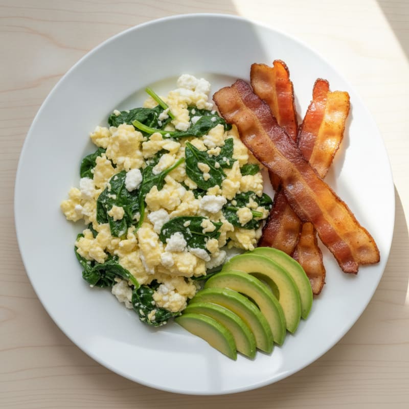 Cottage Cheese Egg Scramble with Spinach and Turkey Bacon