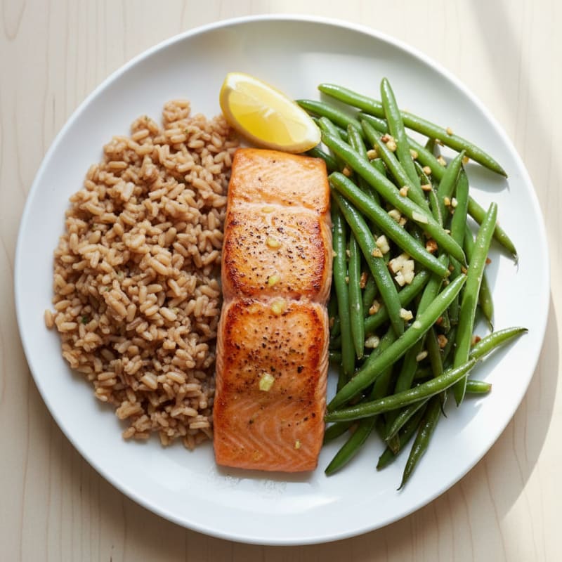 Crispy Salmon Fillet with Garlic Green Beans and Brown Rice