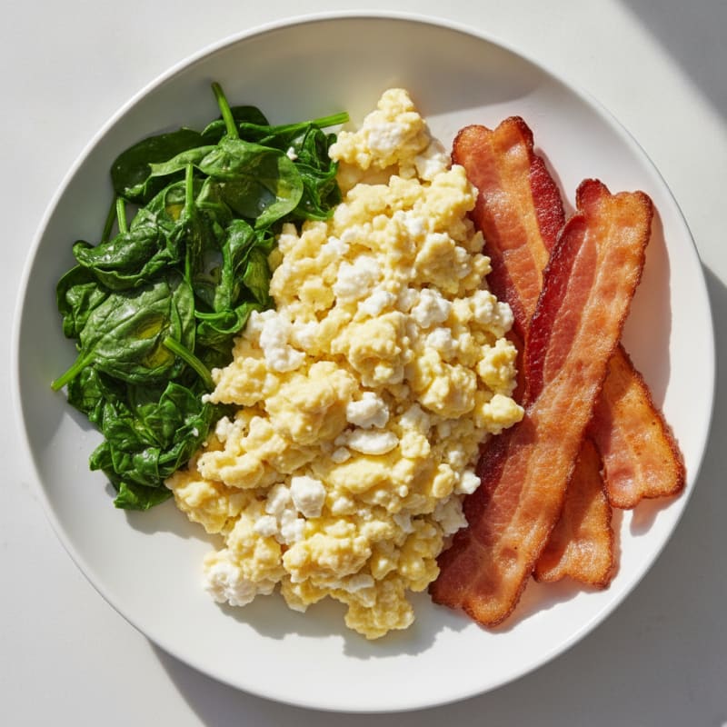 Cottage Cheese Scramble with Turkey Bacon and Sautéed Spinach