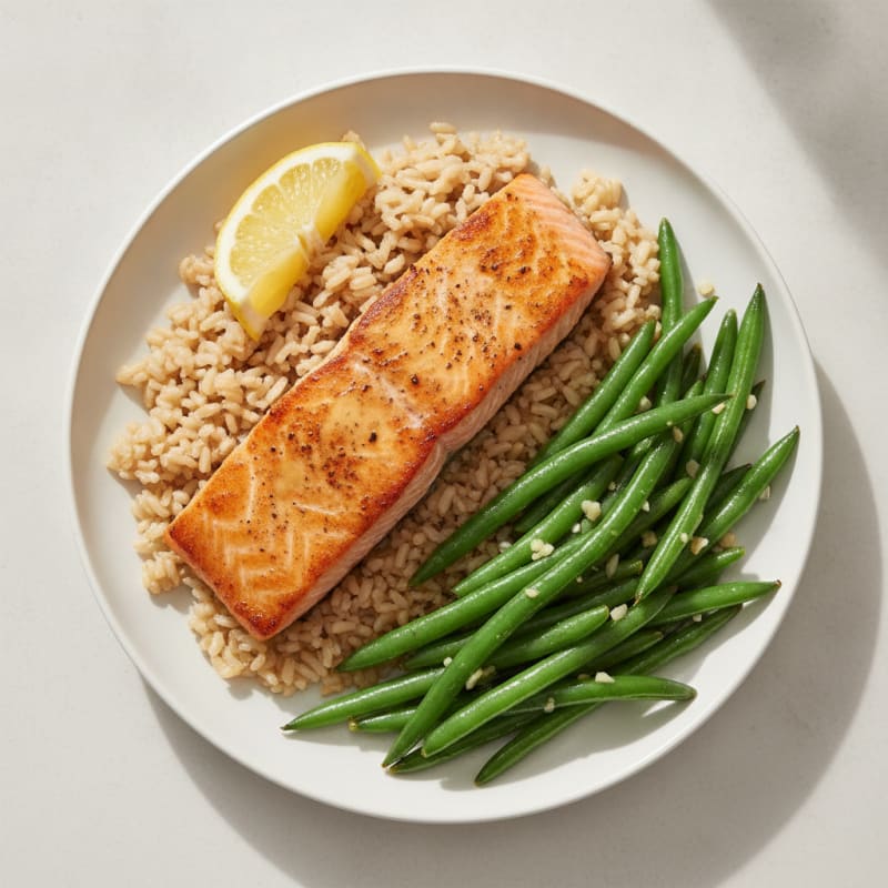 Seared Salmon with Garlic Green Beans and Brown Rice