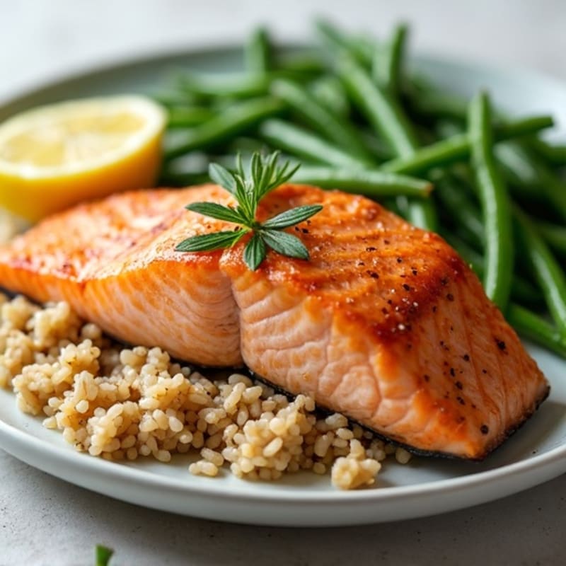 Seared Salmon Fillet with Garlic Green Beans and Brown Rice