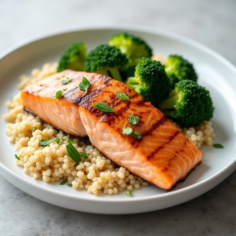Seared Salmon with Steamed Broccoli and Quinoa