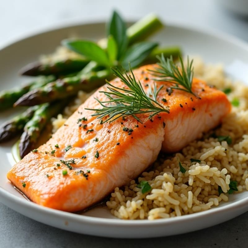 Flaky Baked Salmon with Fresh Herb Jasmine Rice and Roasted Asparagus