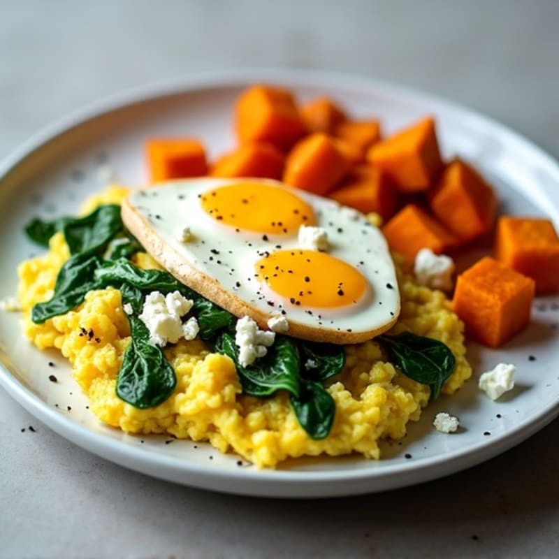 Spinach Feta Fluffy Scrambled Eggs with Roasted Sweet Potatoes