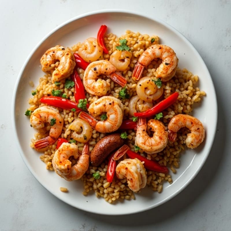 Spicy One-Pot Chicken, Shrimp, and Lean Sausage Rice with Bell Peppers