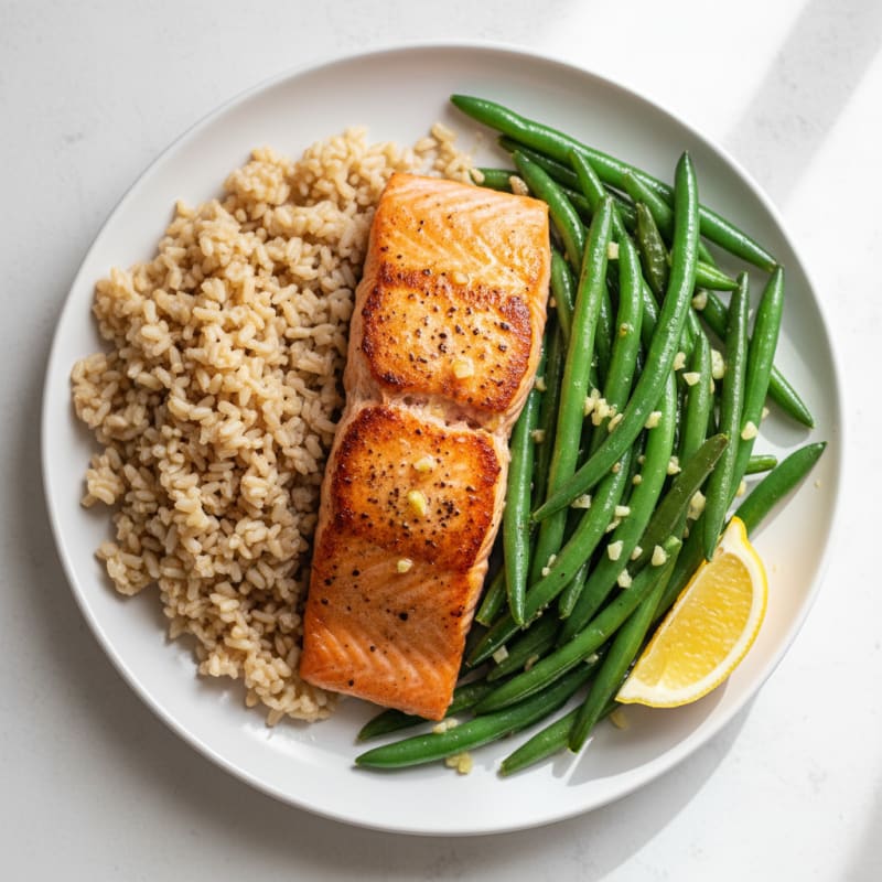 Seared Salmon with Garlic Green Beans and Brown Rice