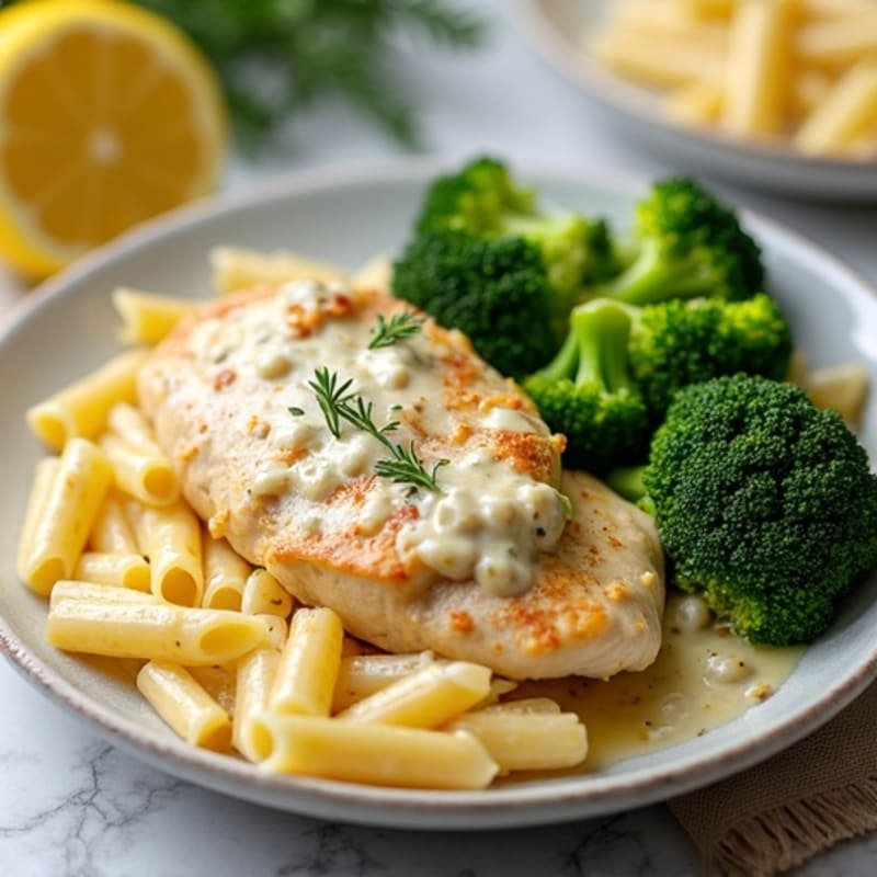 Creamy Lemon Garlic Chicken Pasta with Roasted Broccoli
