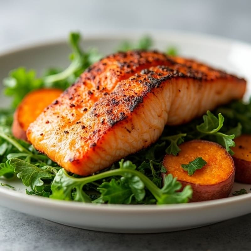 Crispy Skin Salmon with Roasted Sweet Potatoes and Fresh Greens