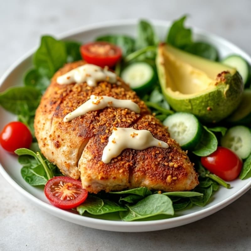 Spiced Roasted Chicken with Fresh Salad and Creamy Garlic Sauce