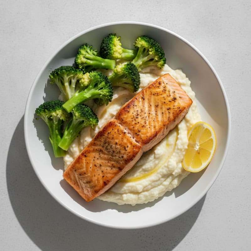 Seared Salmon with Steamed Broccoli and Cauliflower Mash