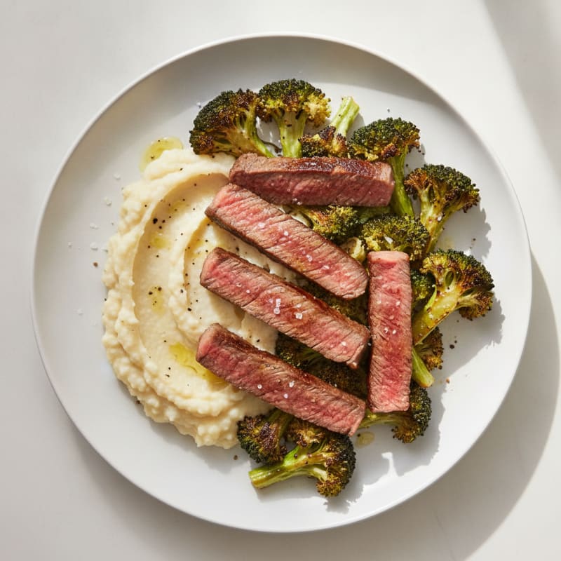 Seared Lean Beef Strips with Roasted Broccoli and Cauliflower Mash