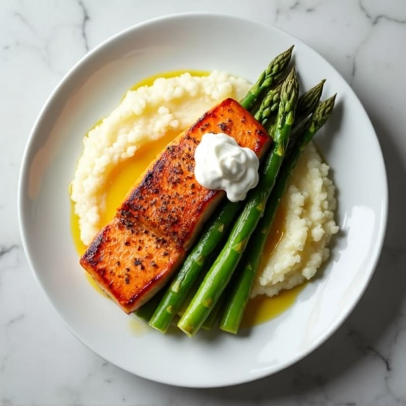 Seared Salmon with Steamed Asparagus and Cauliflower Mash
