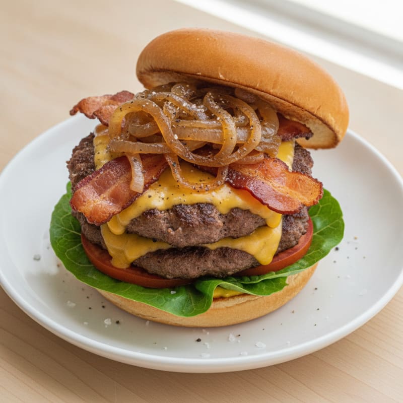 Double Bacon Cheeseburger with Caramelized Onions