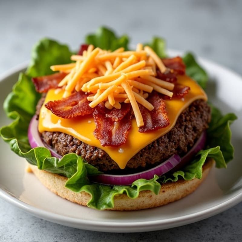 Lean Ground Beef Cheeseburger Bowl with Crispy Bacon and Fresh Greens
