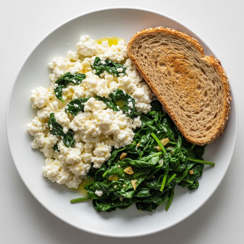 Fluffy Cottage Cheese Egg Scramble with Sautéed Spinach