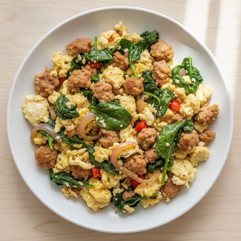 Egg White and Turkey Sausage Scramble with Sautéed Spinach