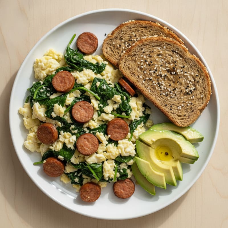 Egg White Spinach Scramble with Turkey Sausage