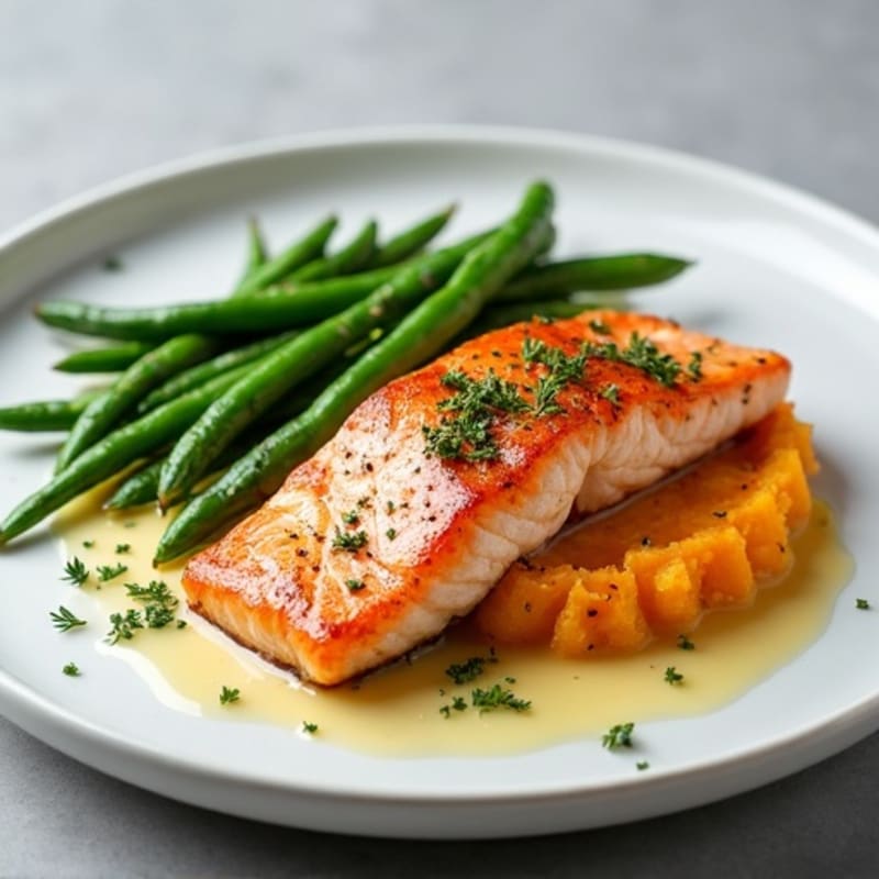 Seared Salmon with Garlic Green Beans and Sweet Potato Mash