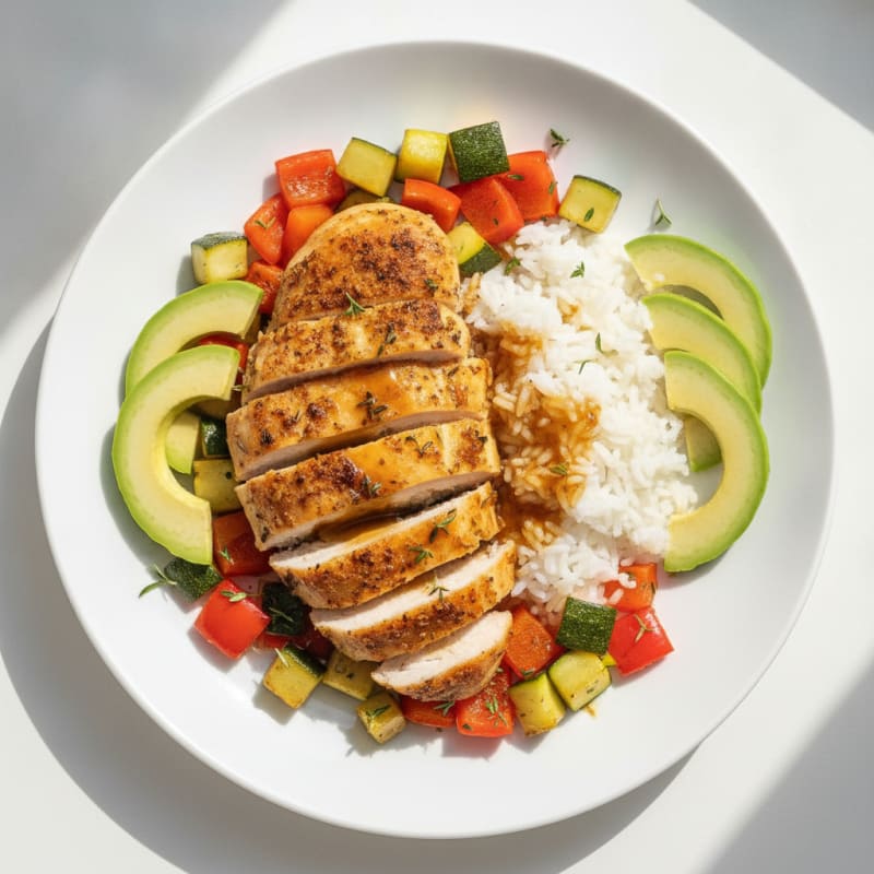 Herb-Roasted Chicken with Steamed Rice and Roasted Vegetables