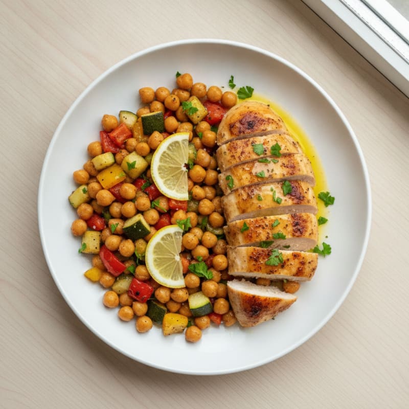 Roasted Chickpea and Vegetable Medley with Lemon-Herb Chicken