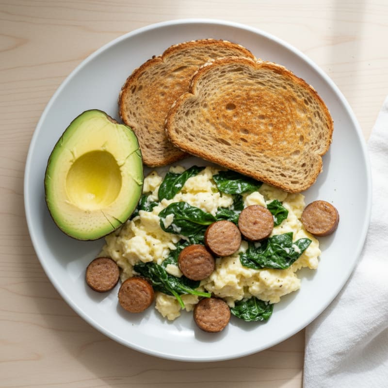 Egg White Spinach Scramble with Turkey Sausage