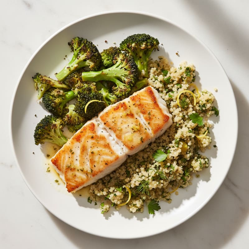 Seared Cod with Roasted Broccoli and Lemon Herb Quinoa