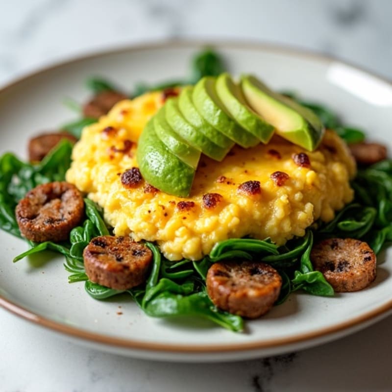 Egg White and Turkey Sausage Scramble with Spinach, Mushrooms, and Avocado