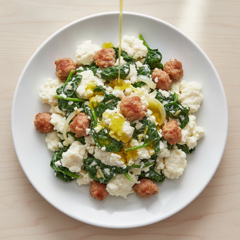 Egg White Scramble with Turkey Sausage and Sautéed Spinach