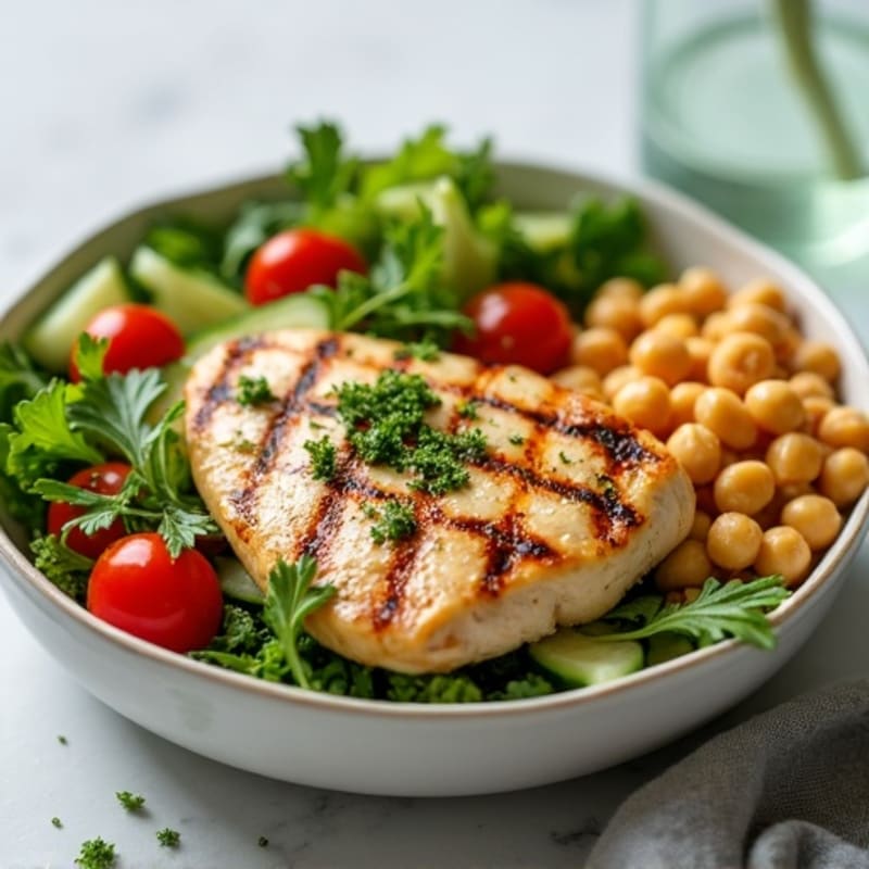 Grilled Lemon-Herb Chicken with Fresh Greens and Chickpea Salad