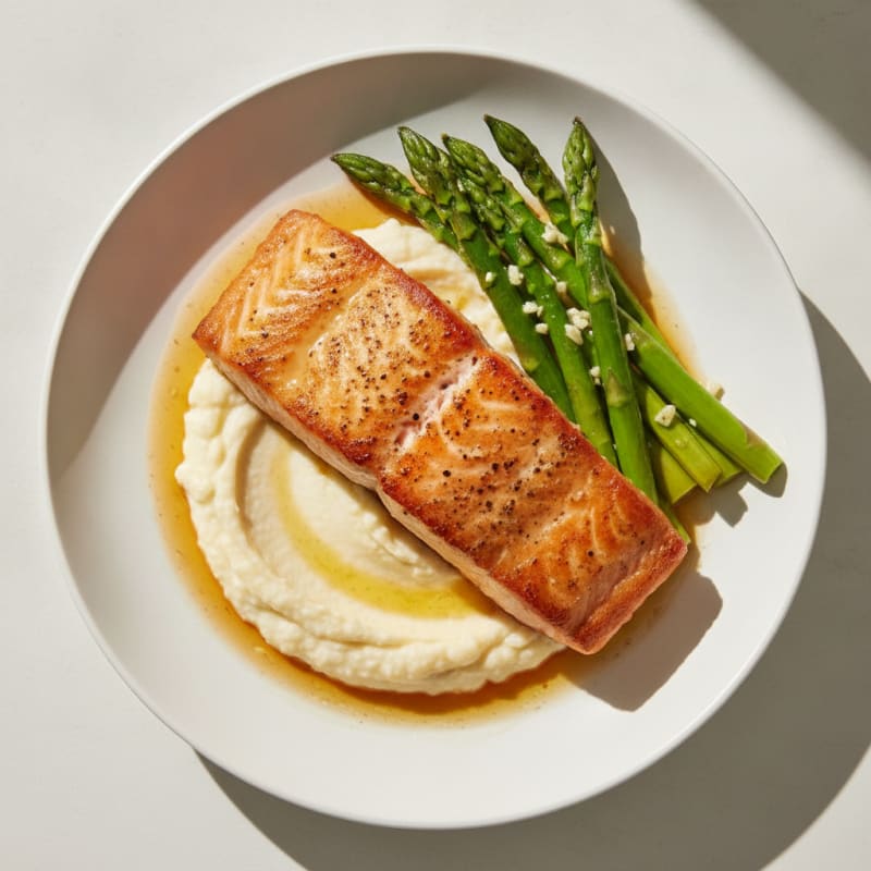 Seared Salmon with Steamed Asparagus and Cauliflower Mash