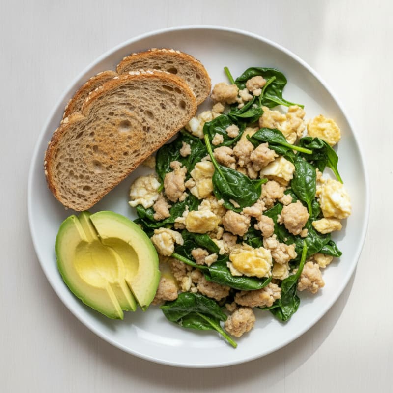 Egg White and Turkey Sausage Scramble with Sautéed Spinach