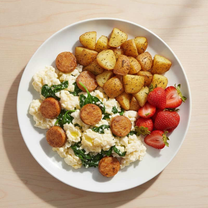 Egg White and Chicken Sausage Scramble with Roasted Potatoes