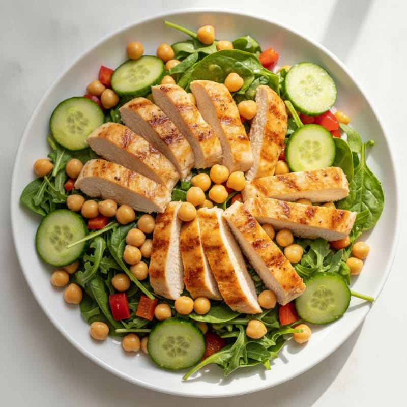 Grilled Chicken Breast Salad with Chickpeas and Crunchy Vegetables