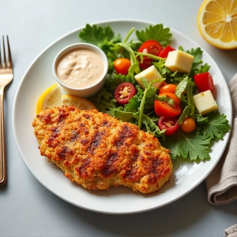 Crispy Spiced Lemon-Garlic Chicken with Creamy Tahini Sauce and Fresh Chopped Vegetables