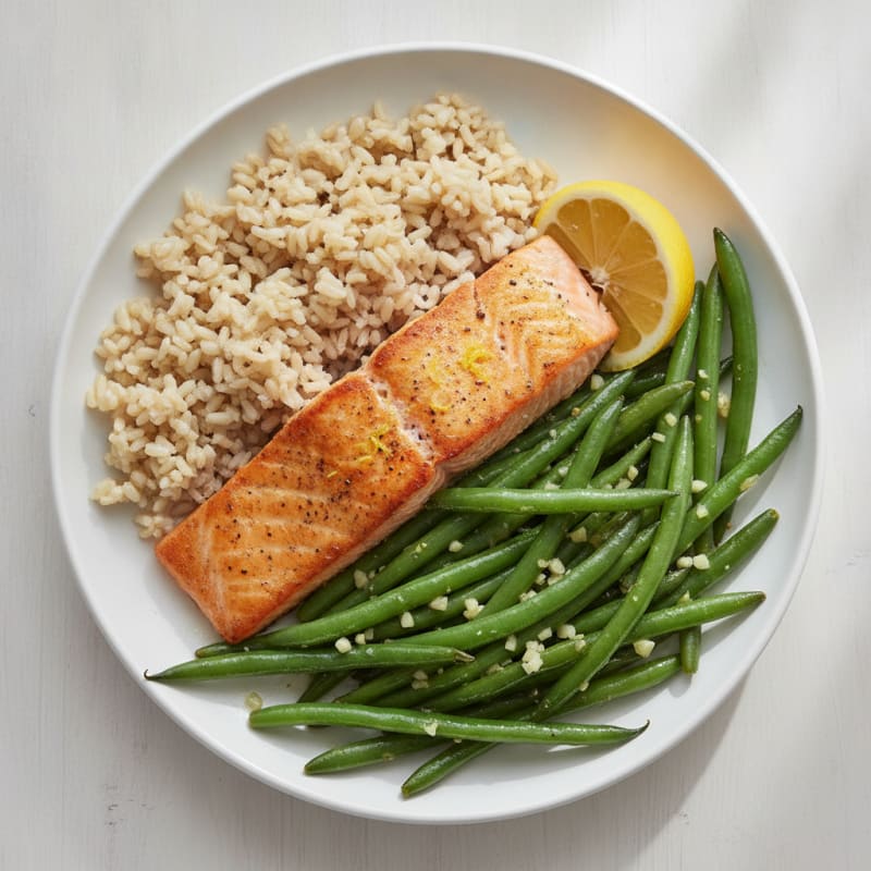 Seared Salmon with Garlic Green Beans and Brown Rice