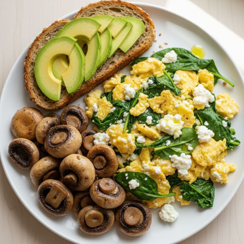Cottage Cheese and Spinach Egg Scramble with Sautéed Mushrooms
