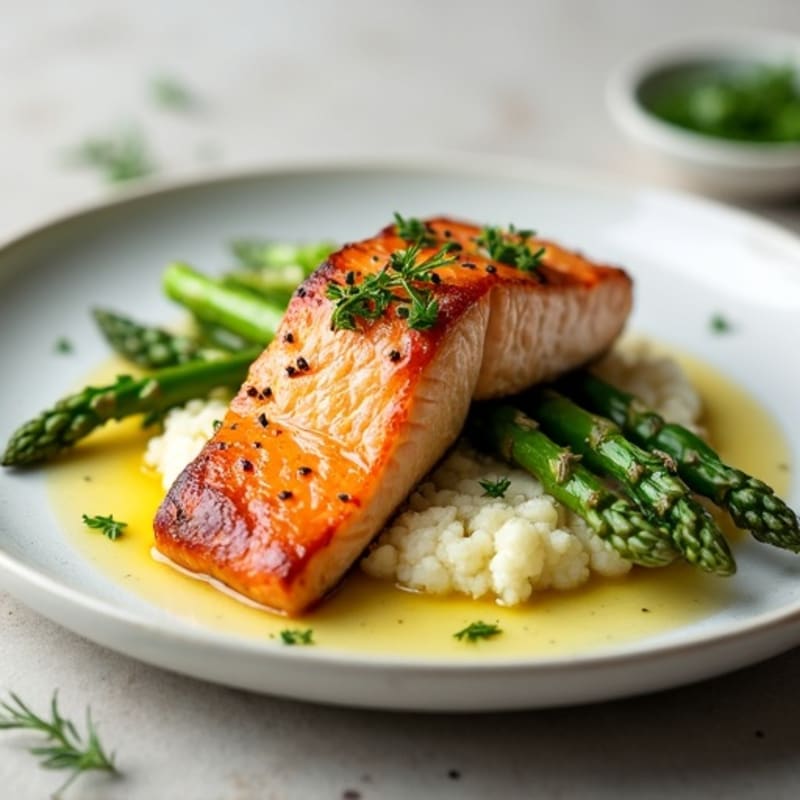 Seared Salmon with Steamed Asparagus and Garlic Cauliflower Mash
