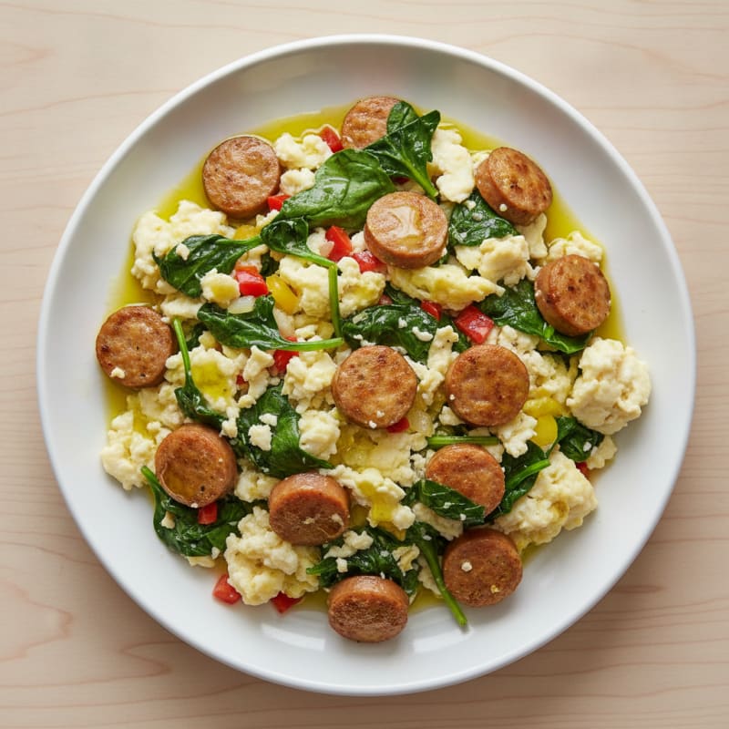 Egg White Scramble with Turkey Sausage and Sautéed Spinach