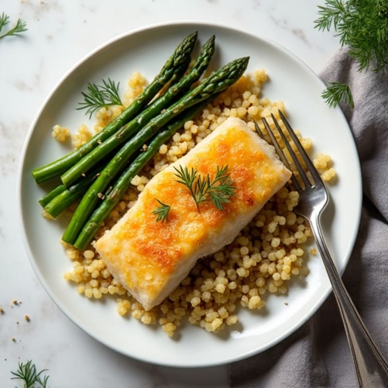 Crispy Pan-Seared Cod with Lemon-Dill Quinoa and Roasted Asparagus