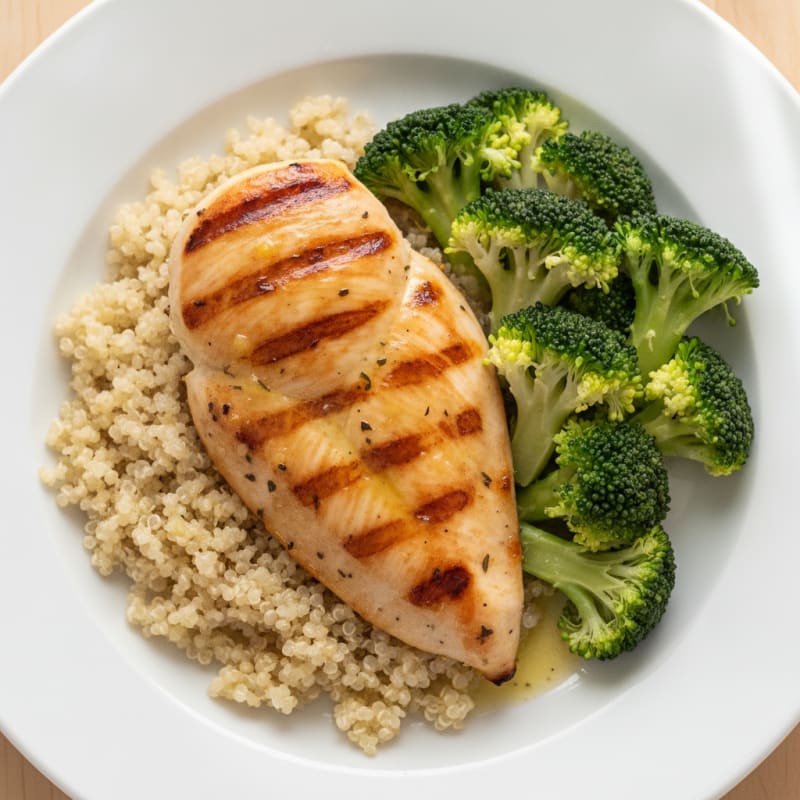 Grilled Chicken Breast with Steamed Broccoli and Quinoa