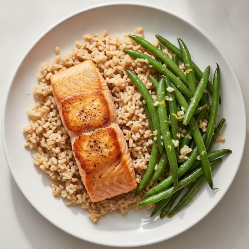 Seared Salmon with Lemon-Garlic Green Beans and Brown Rice