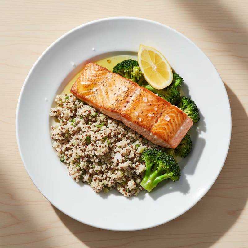 Seared Salmon Fillet with Steamed Broccoli and Quinoa