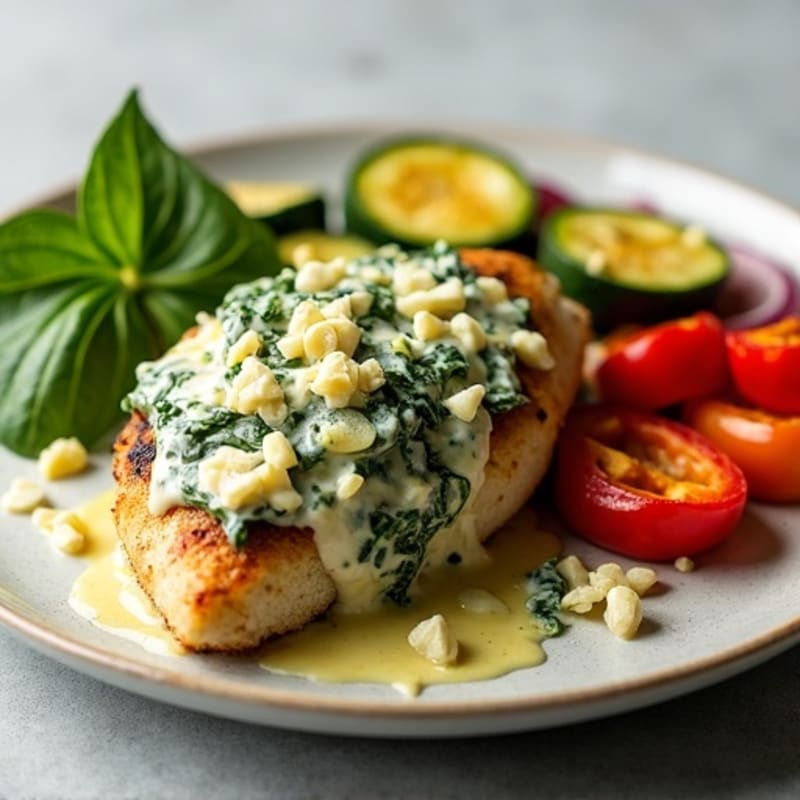 Creamy Baked Spinach Artichoke Chicken with Roasted Vegetables
