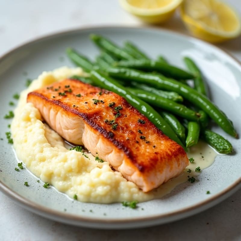 Seared Salmon with Steamed Green Beans and Cauliflower Mash