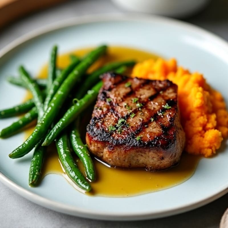 Seared Steak with Garlic Green Beans and Sweet Potato Mash