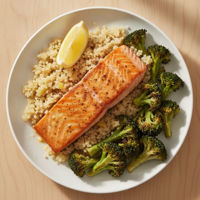 Seared Salmon Fillet with Lemon Garlic Quinoa and Roasted Broccoli