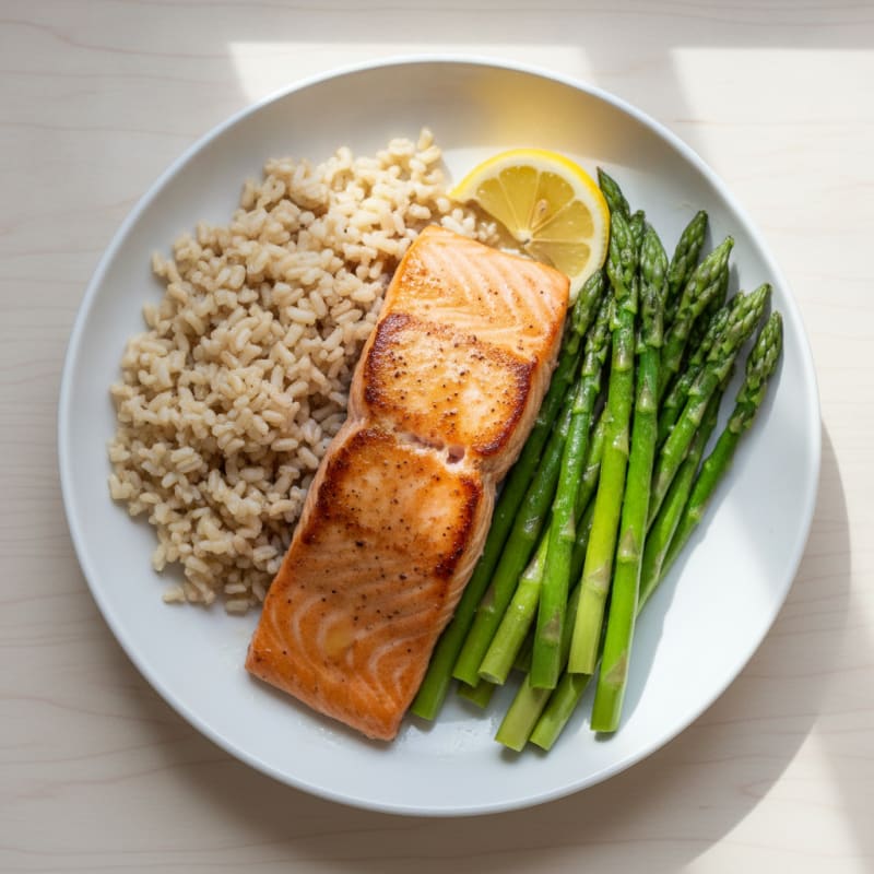 Seared Salmon with Steamed Asparagus and Brown Rice
