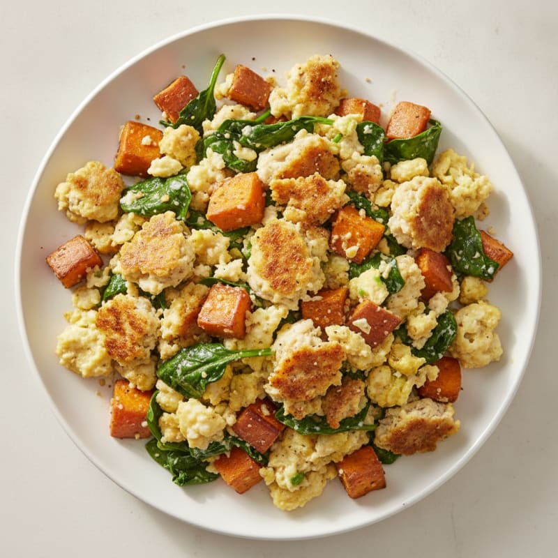 Crispy Turkey Sausage and Egg White Scramble with Spinach and Sweet Potatoes