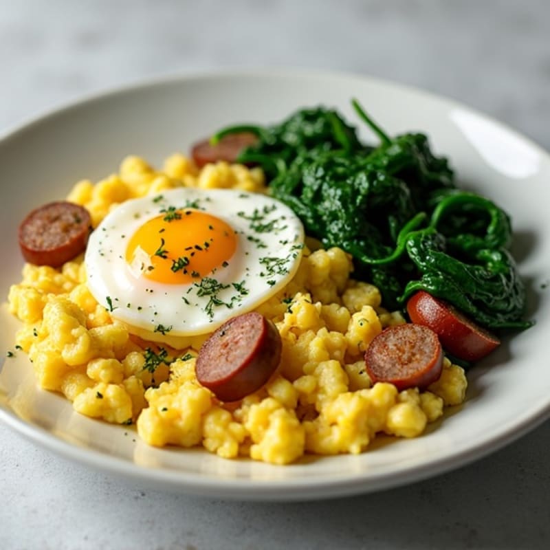 Egg White Scramble with Turkey Sausage and Sautéed Spinach