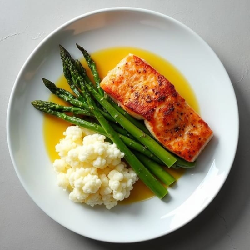Seared Salmon with Steamed Asparagus and Garlic Cauliflower Mash